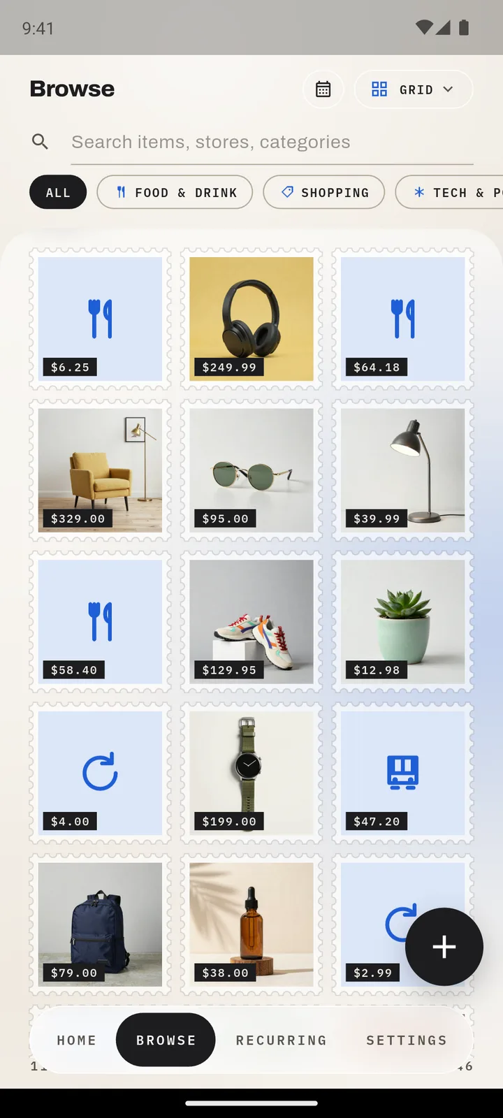 Browse in grid view, Frost theme: photos of recent buys with prices