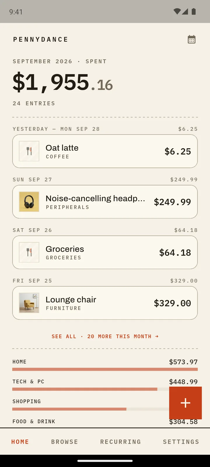 Pennydance Home in the Bright theme — no ads anywhere