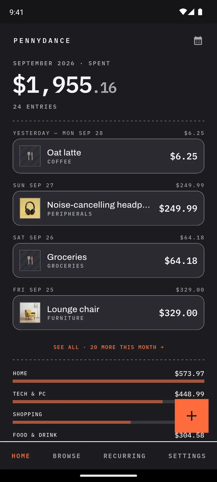 Home screen, Night theme: $1,955.16 spent in September, no ads anywhere
