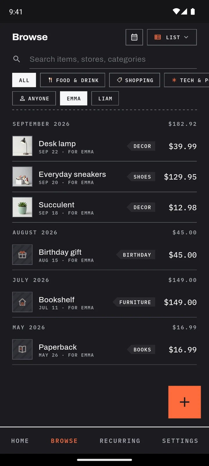Browse with the Emma chip lit, showing only the items marked for Emma