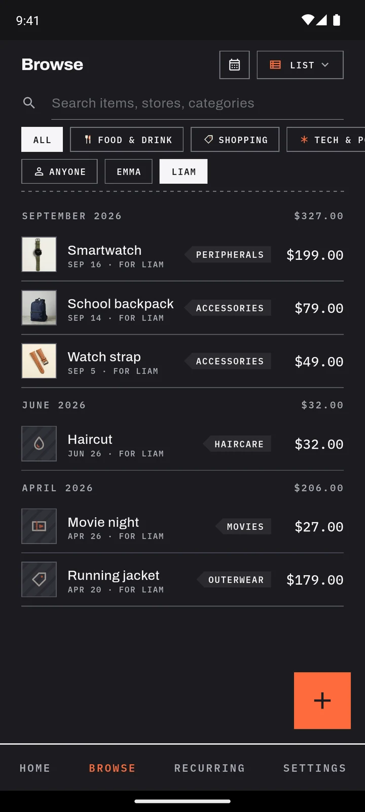 Browse with the Liam chip lit, showing only the items marked for Liam