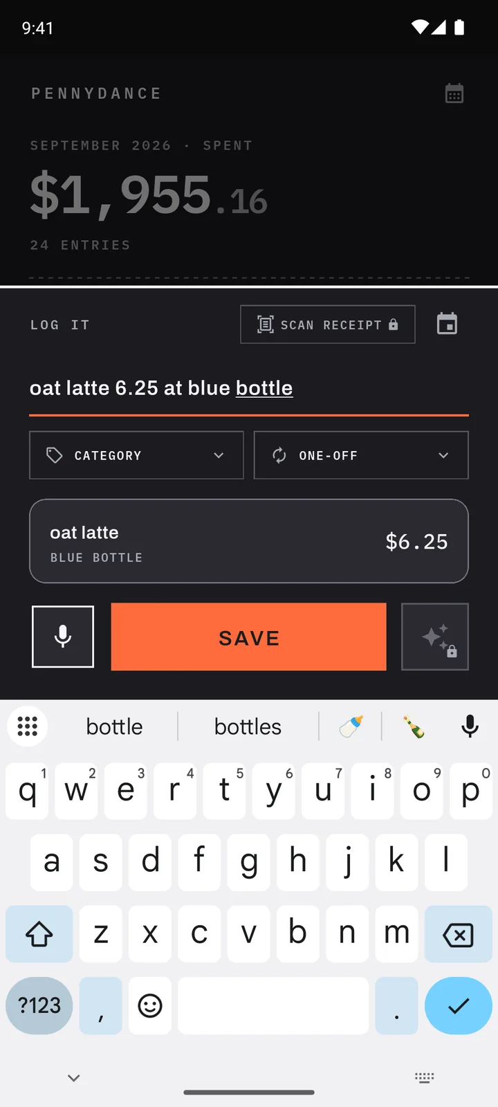 Pennydance quick add: type a purchase and its price, then save