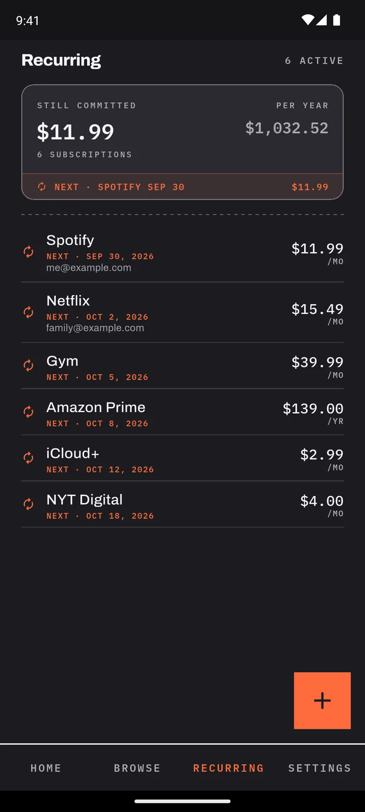 Pennydance Recurring screen: six subscriptions with their next charge dates and a yearly total