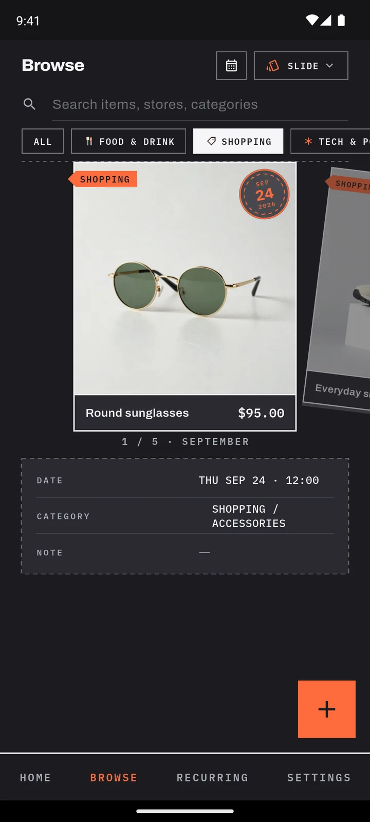 Slide view: swipe through photos of past buys